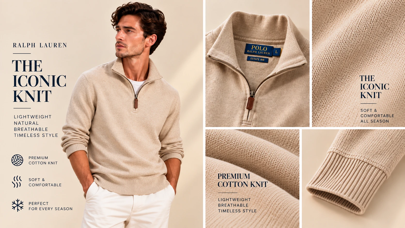 A beige quarter-zip sweater with a brown embroidered logo, on a model and in close-ups of the collar, logo and sleeve. The iconic knit — premium cotton knit, soft & comfortable.