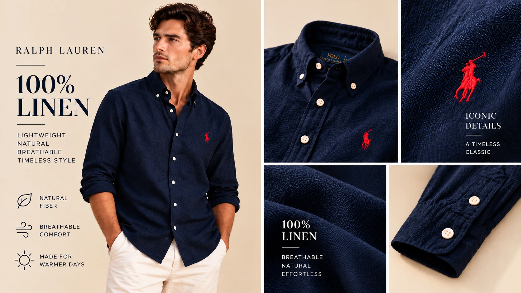 A dark blue linen shirt with a red embroidered logo, on a model and in close-ups of the collar, logo and sleeve. 100% Linen — lightweight, natural, breathable, timeless style.
