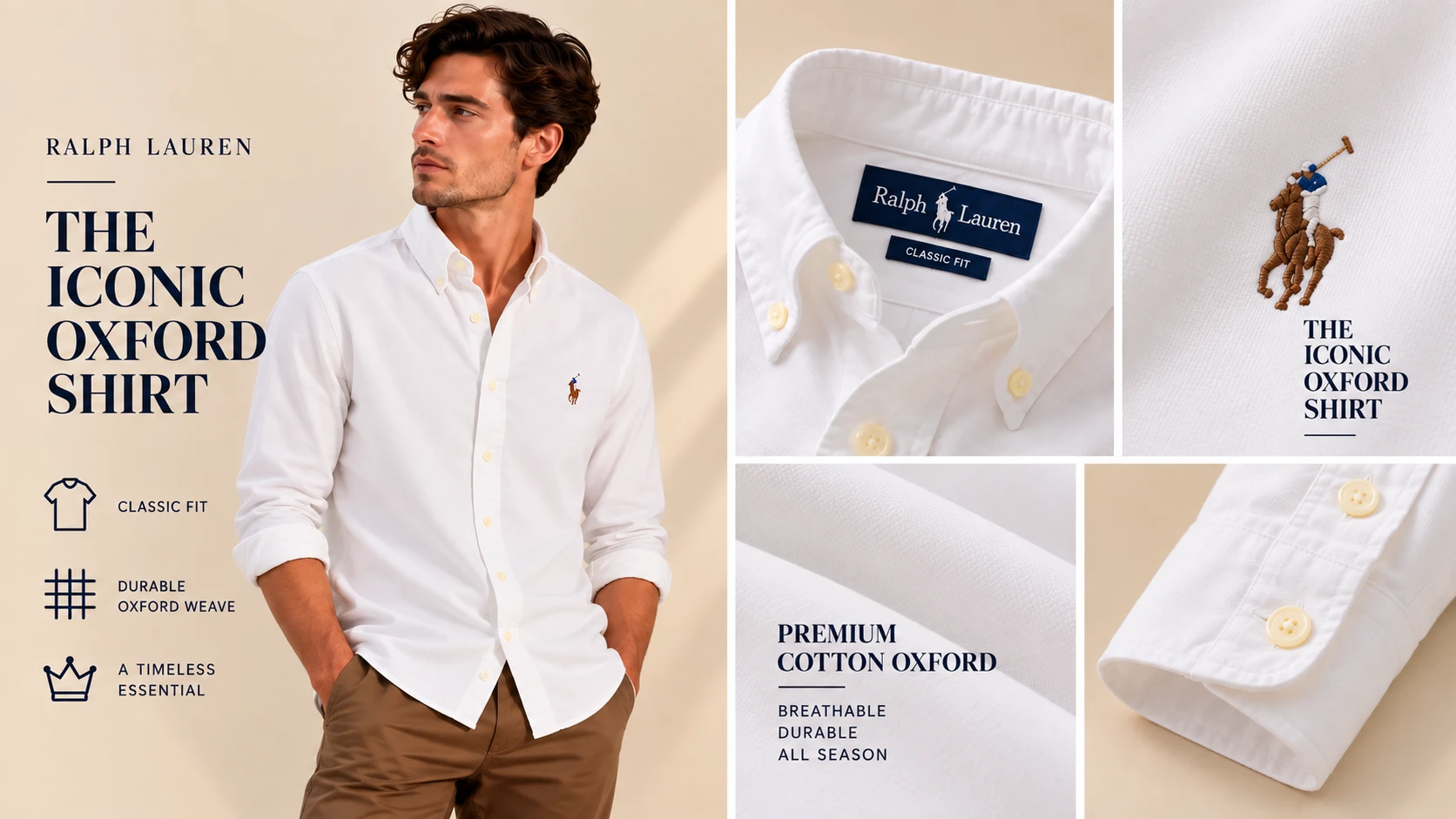 A white oxford shirt with an embroidered logo, on a model and in close-ups of the collar, logo and sleeve. The iconic Oxford shirt — classic fit, durable Oxford weave, a timeless essential.